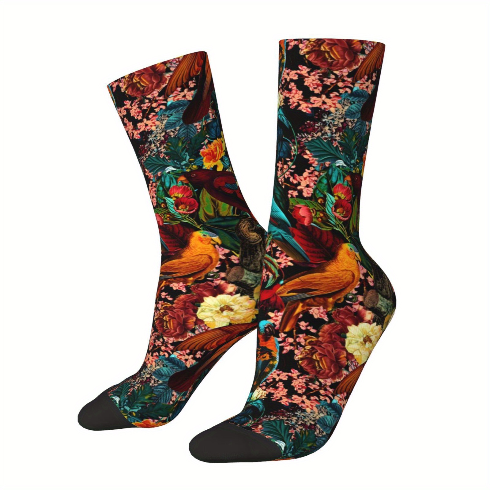 

1 Pair Of Unisex Harajuku Vintage Style Novelty Flower & Birds Pattern Crew Socks, Trendy 3d Digital Printed Men Women Socks, Crazy Funny Socks For Gifts