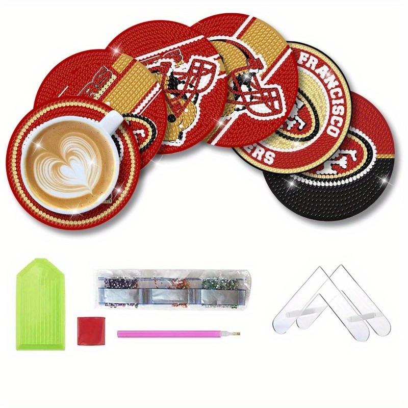 

6pcs Diamond Art Paintings Coasters Kits With Holder, Diy Football Theme Diamond Art Coasters, Diamond Dot Kits For San Francisco Craft Gifts