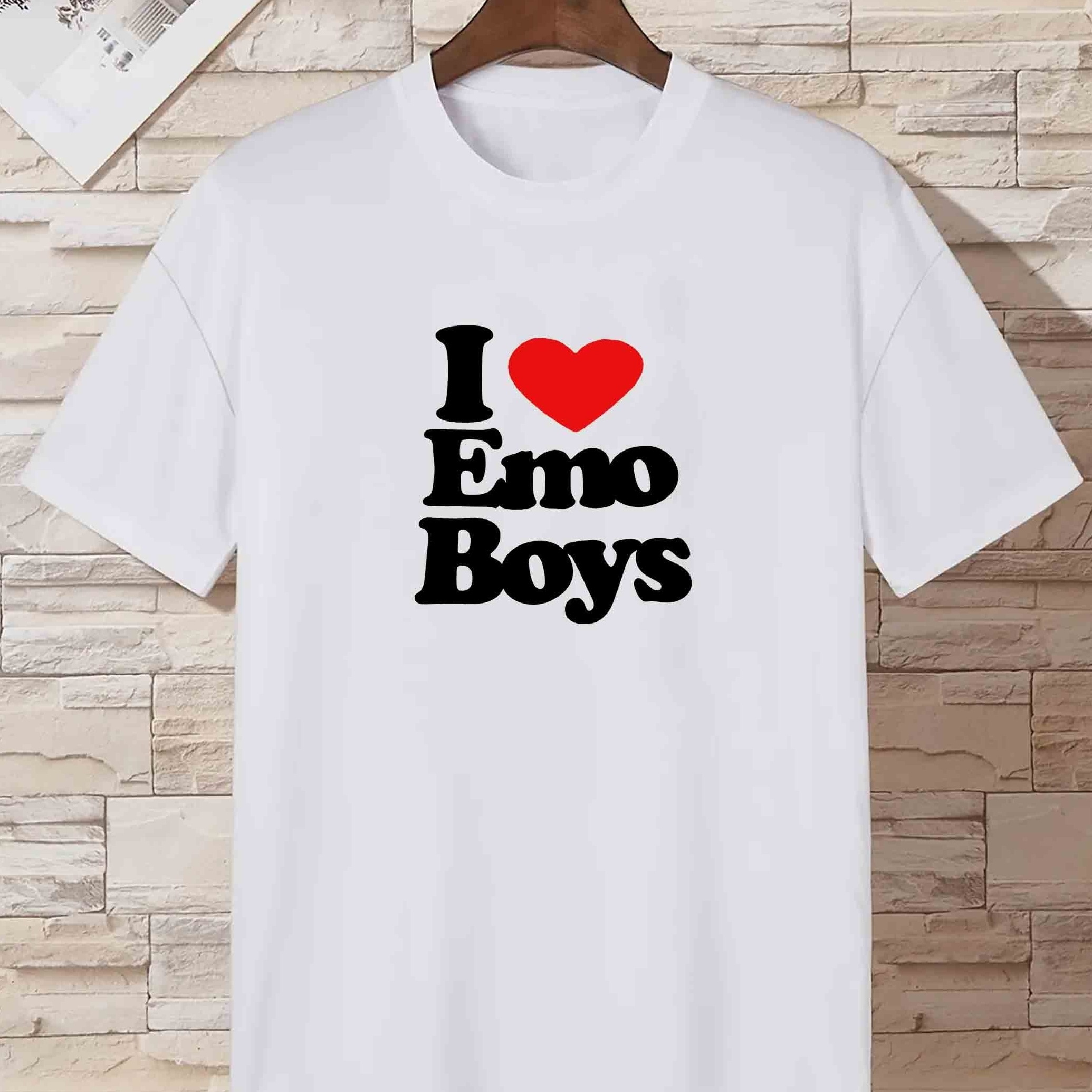 

'i Love Emo Boys' Print T Shirt, Tees For Men, Casual Short Sleeve Tshirt For Summer Spring Fall, Tops As Gifts, 1 Pc, 100% Cotton T-shirt