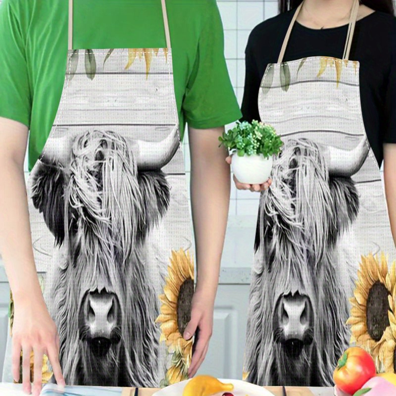 

1pc Woven Linen Apron With Animal Design - Cute Highland Cow, Kitten & Horse Patterns With Fashionable Floral Print - Thick, Waterproof, Kitchen Home Work Apron For Cooking And Gardening