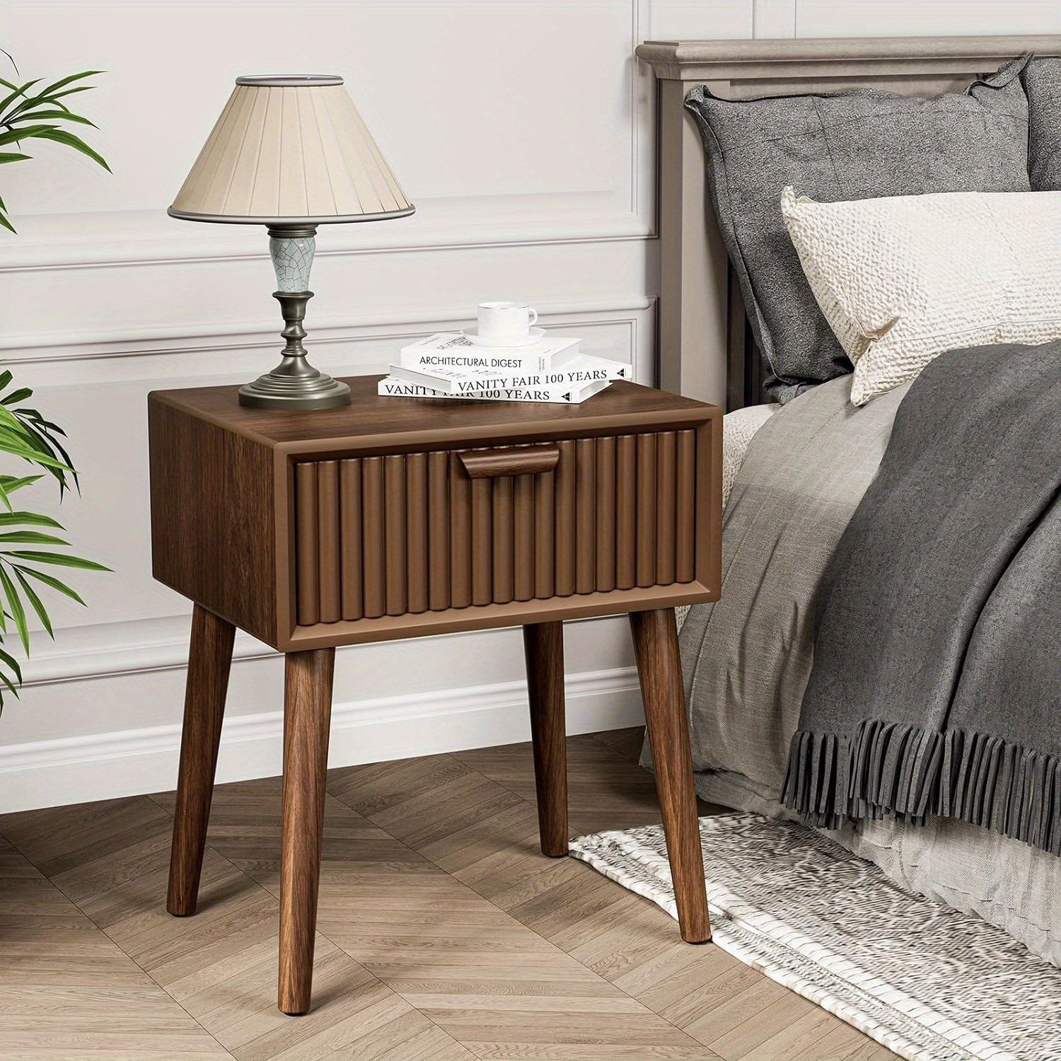 

Mid-century Mdf Nightstand, Small End Table With Stripe Pattern, Brown Wood Bedside Table With 2 Drawers For Living Room Bedroom