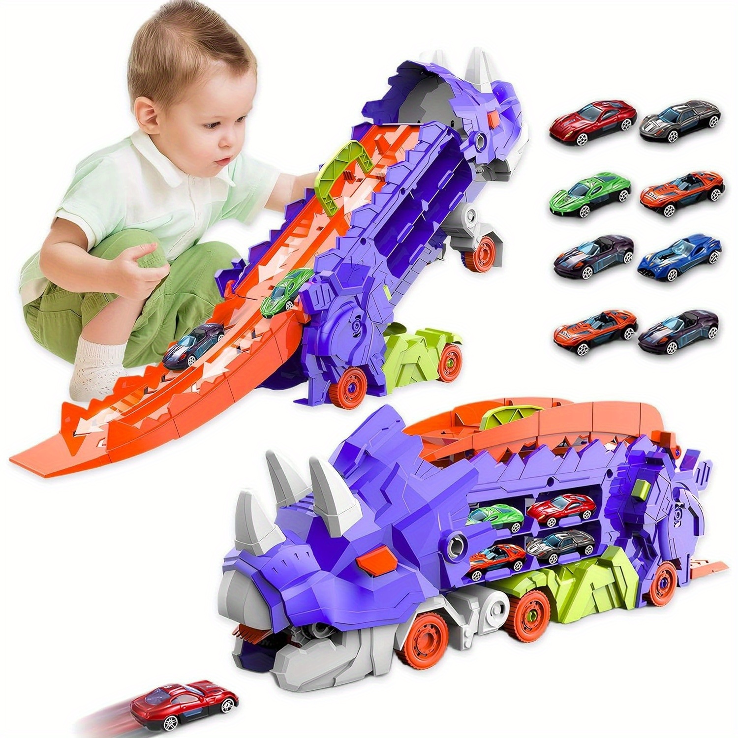 

Inmoredo Dinosaur Transporter & Sliding Race Track Set With 2 Cars - Perfect For Kids Ages 3-6, Manual Operation, No Batteries Required (purple)