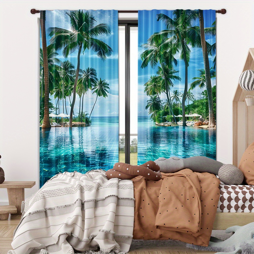 Scenery Printed offers Curtain / Drapes For Living Room Dining Room Bed Room With 2 Panel Set-Multiple Sized Stars Moon Palm Trees Island Art decor