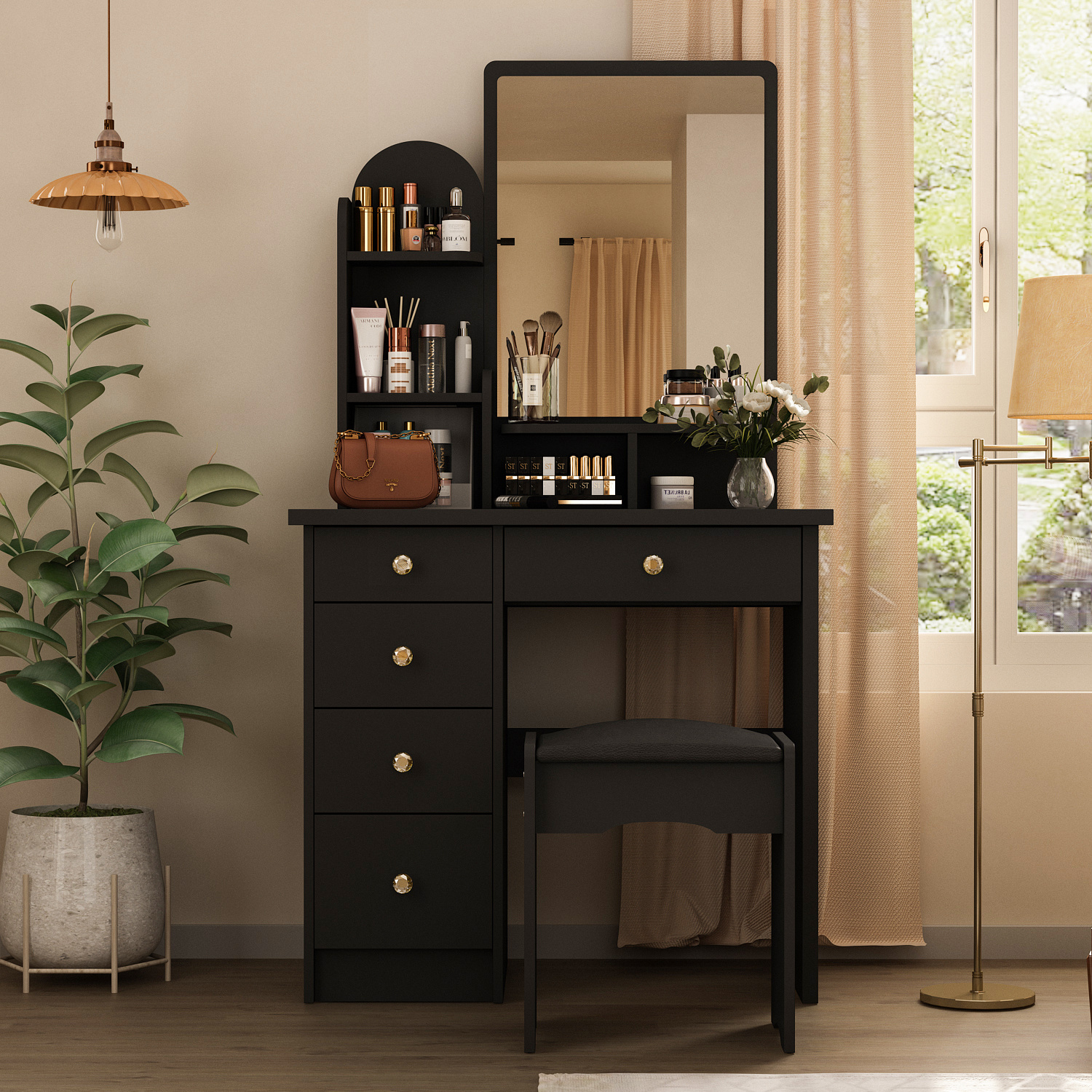 TEMU Bedroom Vanity Desk Set With Large Mirror, Featuring A 5-drawer Makeup Dressing Table, Cushioned Stool, And Desktop Storage Rack For Organization