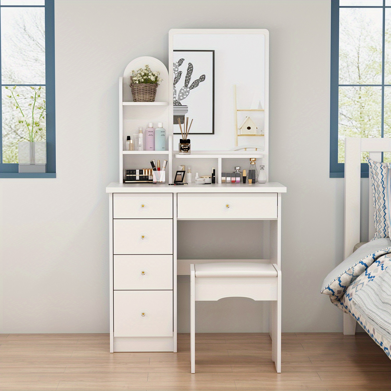 

Bedroom Vanity Desk Set With Large Mirror, Featuring A 5-drawer Makeup Dressing Table, Cushioned Stool, And Desktop Storage Rack For Ample Organization