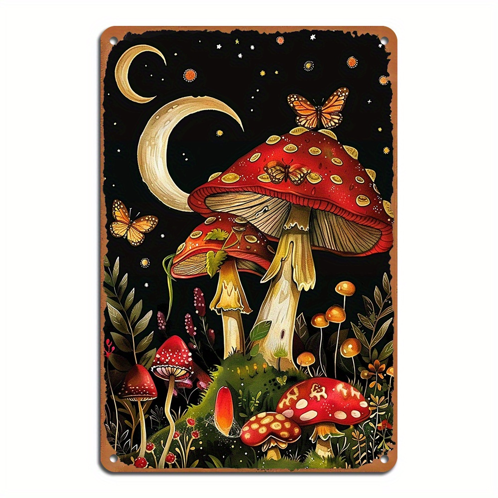 

1pc Reusable Aluminum Mushroom And Butterfly Tin Sign, Weather-resistant Vintage Metal Plaque, Retro Decor For Indoor/outdoor, Applicable For 14+ (8x12 Inch)