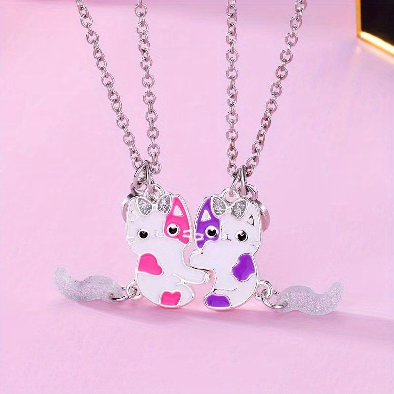 

2pcs Cat & Fox Bff Necklaces - Alloy Pendant Jewelry, For