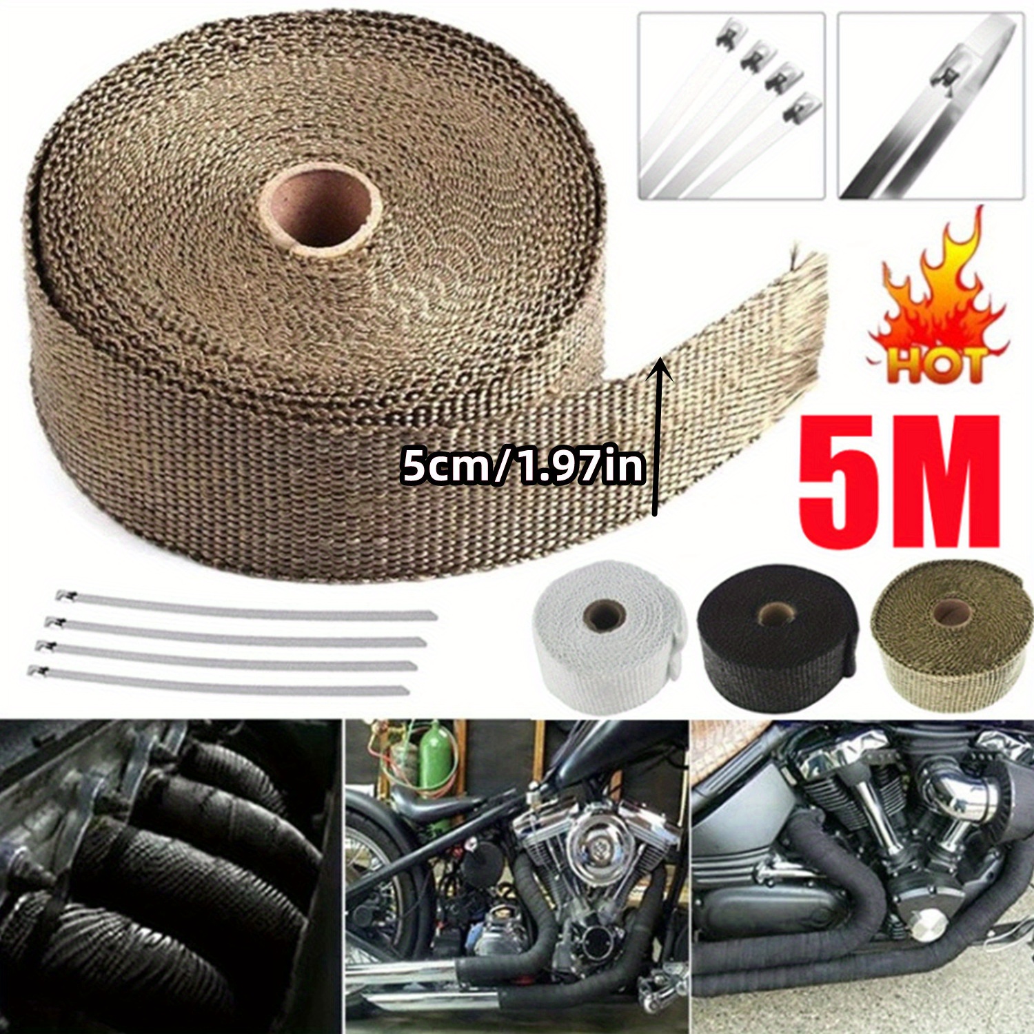 

5m Roll Fiberglass Heat - High-temperature Resistant Exhaust Wrap For Motorcycles & Cars, 1.5mm X 50mm, /titanium - Insulation Tape For Engine Pipes, Includes Brushes, Heat Resistant Tape