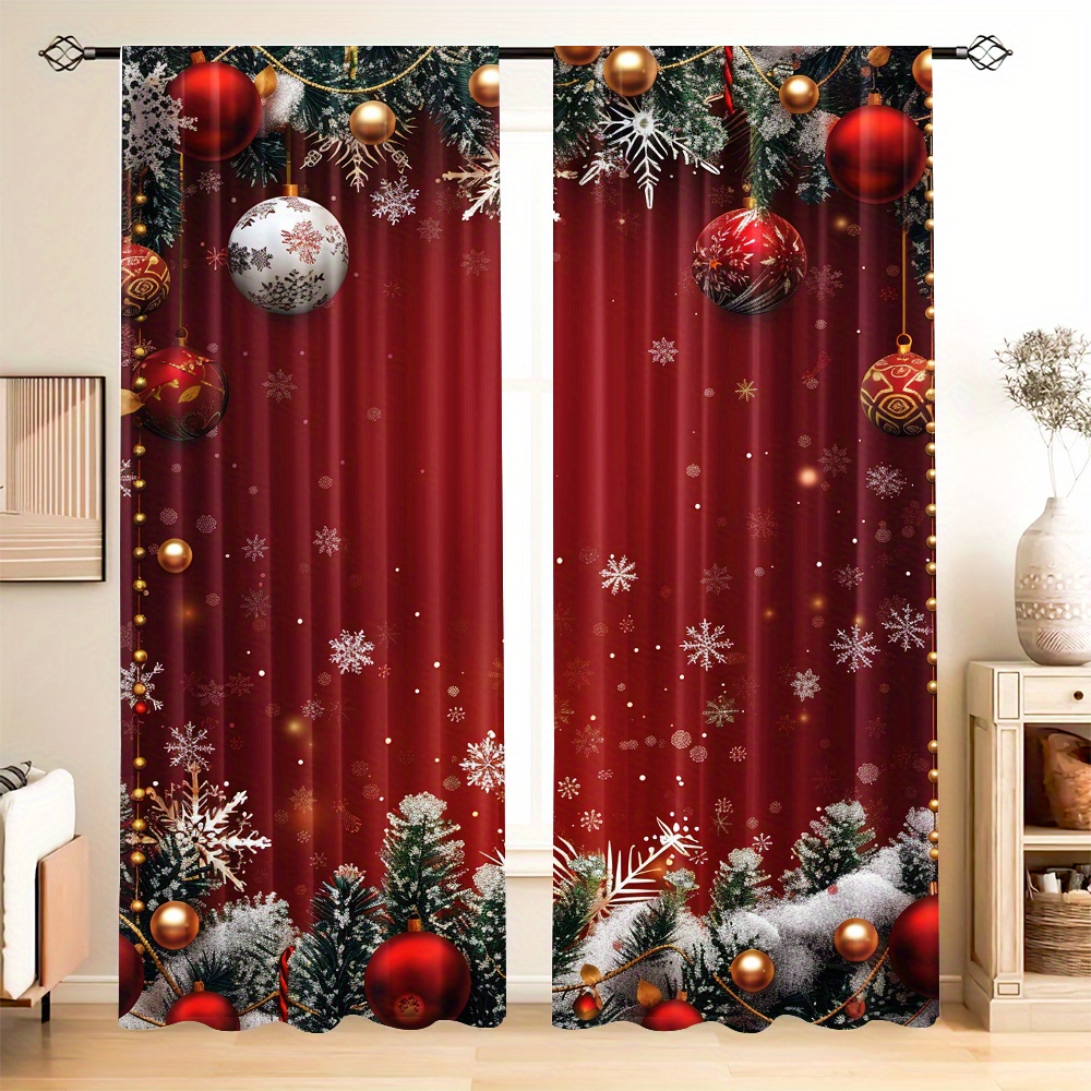 

2pcs Set Christmas Curtains With Snowflakes & Wreaths - Rod , Digital Printed Polyester For Living Room, Kitchen, Bedroom, Study - Machine Washable Home Decor (rod Not Included)