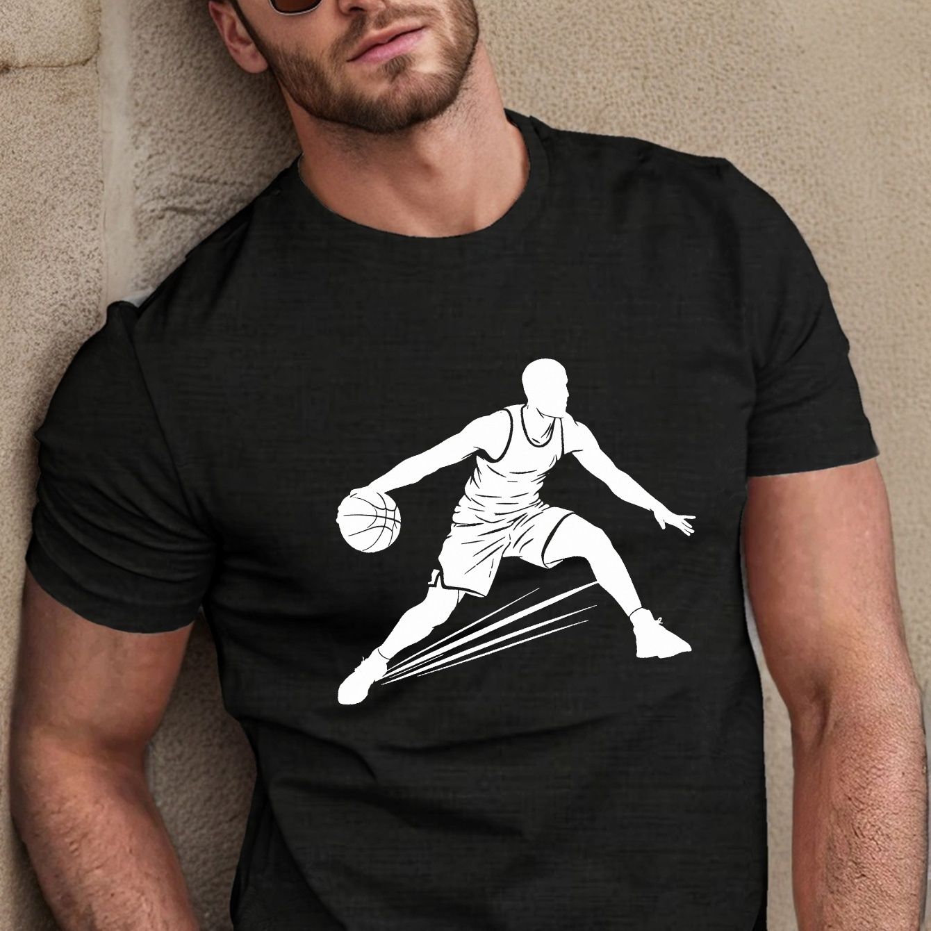 

1 Pc, 100% Cotton T-shirt, Dynamic Basketball Dribbling Pose Print Tee Shirt, Tees For Men, Casual Short Sleeve T-shirt For Summer