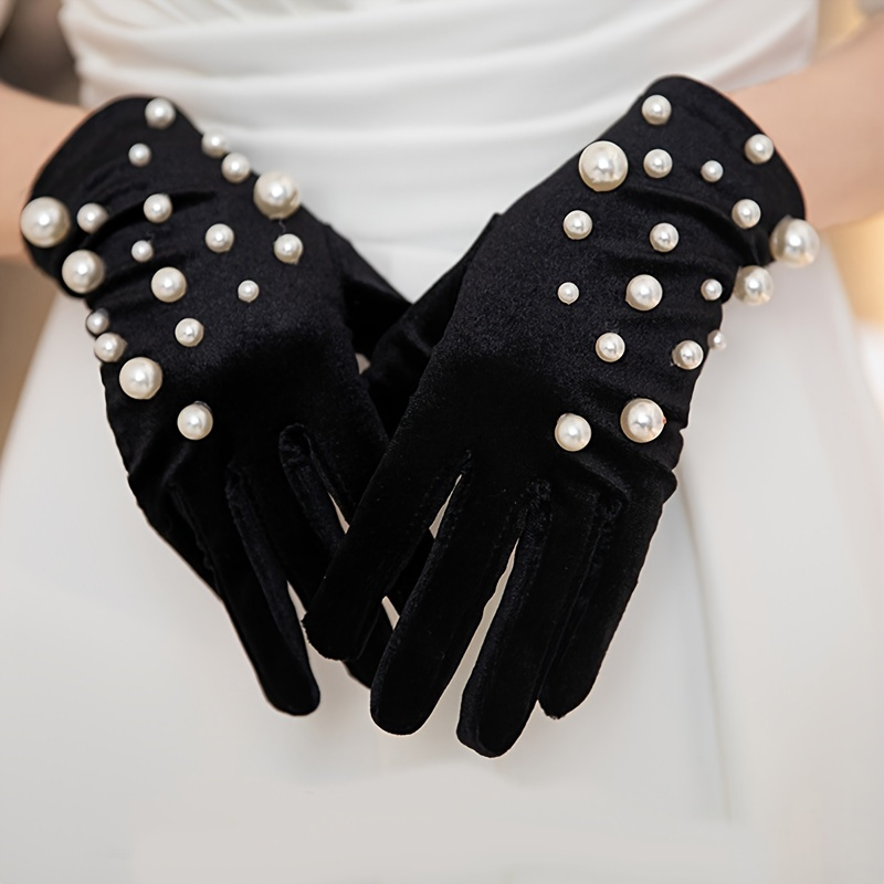 

1 Pair Of Elegant Gloves With Pearl Embellishments - Warm, Full-finger Design For Winter Cycling & Driving, Wedding Parties & Gifts, Winter Gloves