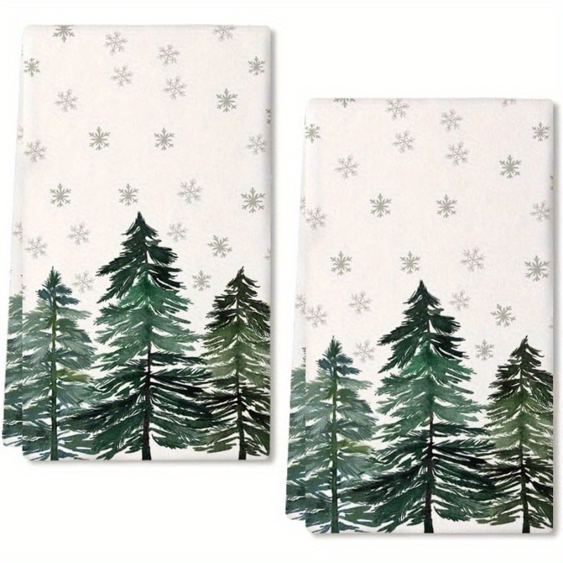 

Festive 2-piece Kitchen Towels: Green Christmas Trees & Snowflakes, 18x26 Inches, Soft Polyester, Perfect For Holiday Decor