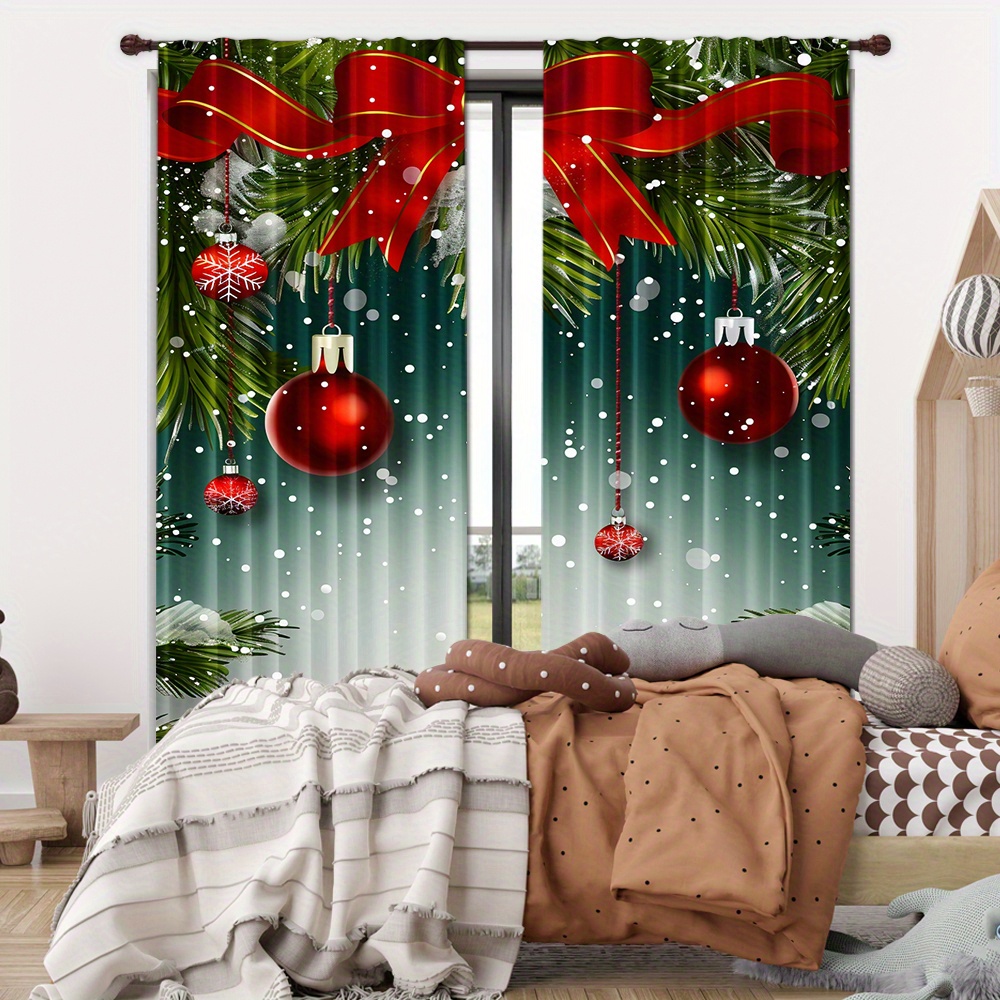 

2-piece Set Contemporary Blackout Curtains Pine Branch & Christmas Ornaments Printed, Woven Polyester Rod Pocket Window Panels, Machine Washable, Decor For Bedroom Living Room Dining – No Rod Included