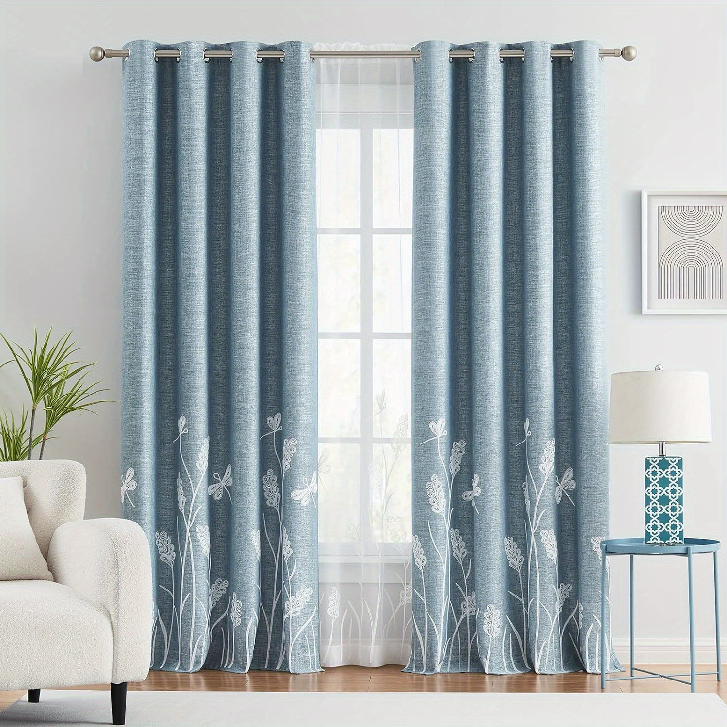 

1pc Embroidery Faux Linen Blackout Curtains For Living Room Grommet Drape For Bedroom, Dining Rooms