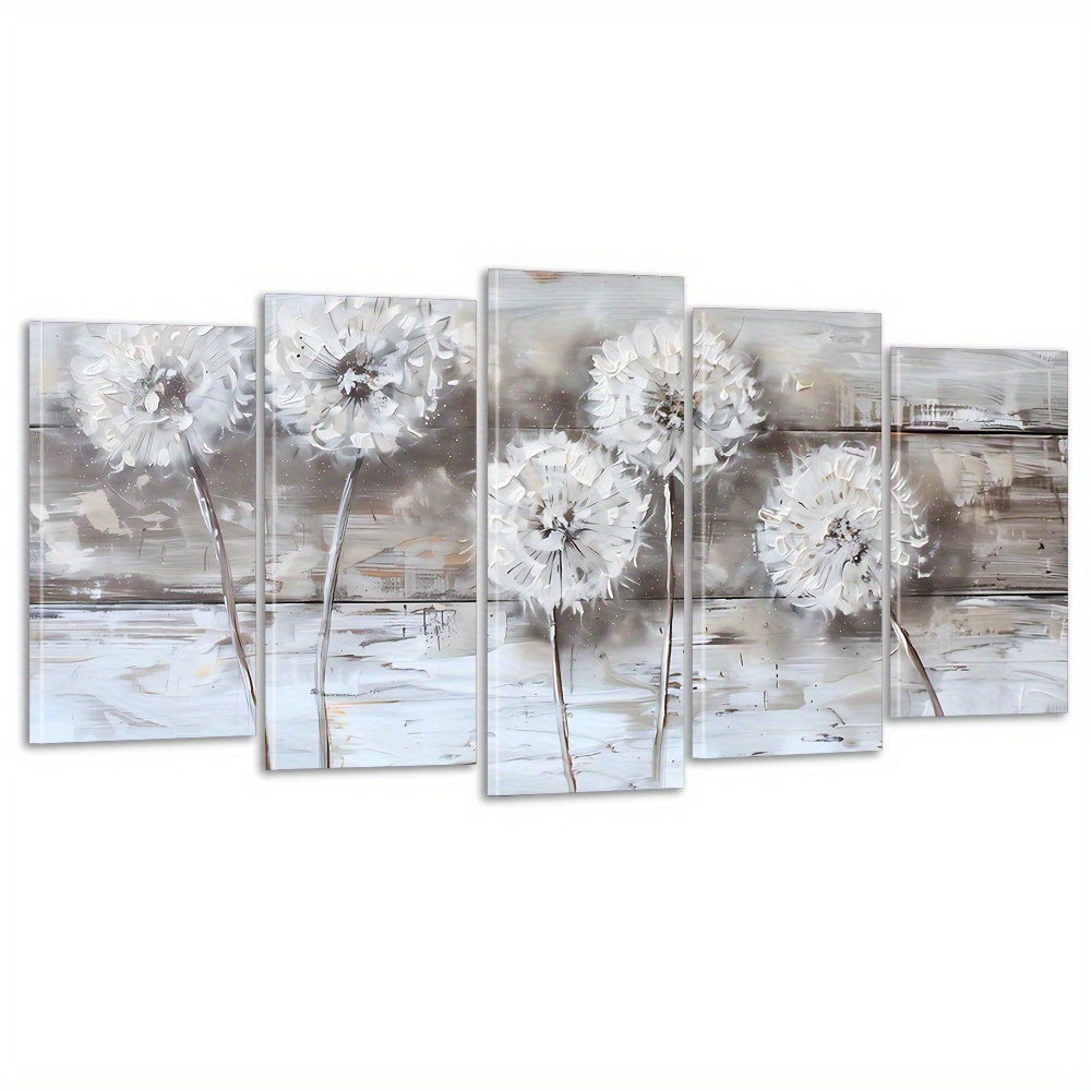 

5-piece Framed Dandelion Canvas Art Set - Farmhouse Style Waterproof Wall Decor, Modern Abstract Floral Prints For Living Room, Bedroom, Office - Coastal/modern Aesthetic With Wooden Frame