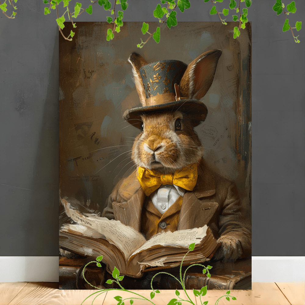

1pc Wooden Framed Canvas Painting A Distinguished Rabbit Dressed In A Brown Suit, Yellow Bow Tie, And A Top Hat, Sits In Front Of An Open Book, Creating A Whimsical And Charming Portrait
