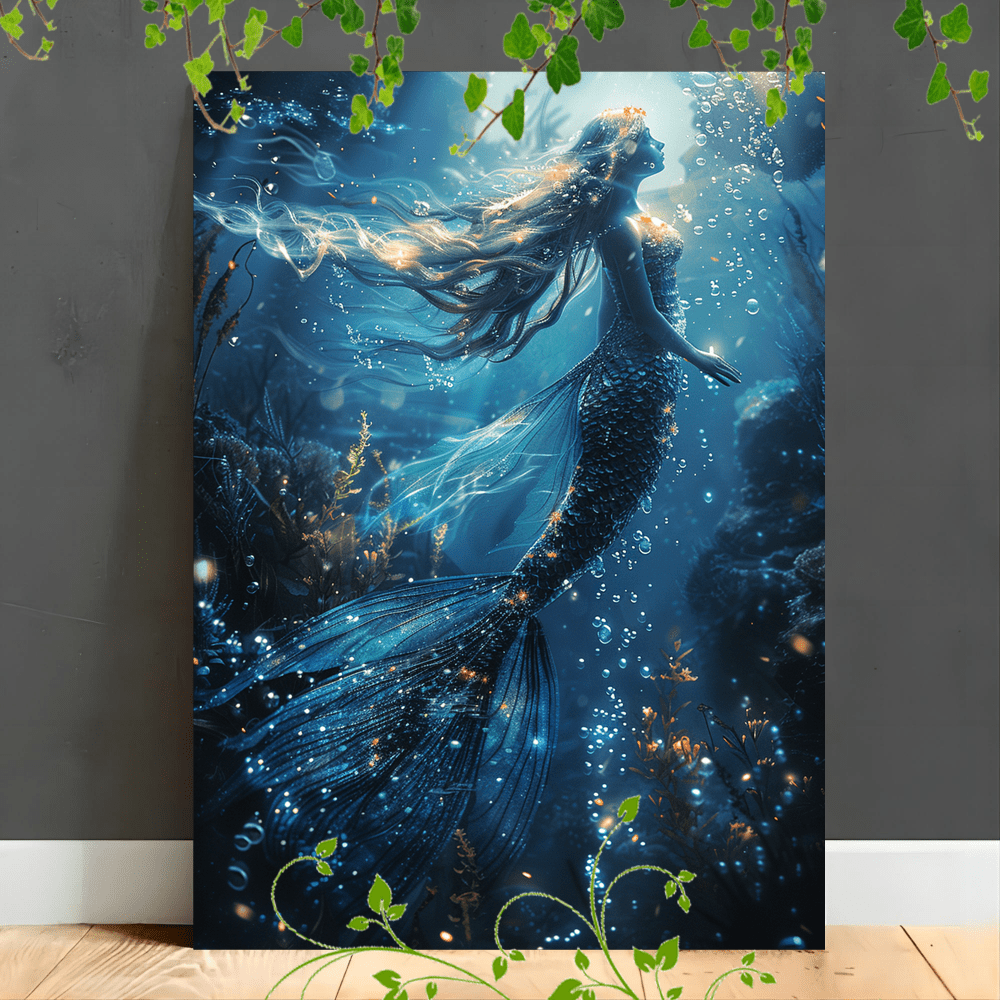 

1pc Wooden Framed Canvas Painting A Graceful Mermaid With Flowing Hair And Shimmering Scales, Swimming Underwater Surrounded By Bubbles And Sea Plants In A Tranquil, Dreamy Ocean Setting