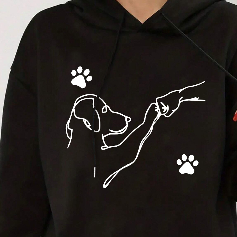 

Cozy Fleece-lined Dog Print Hoodie For Women - Casual Drawstring Pullover With Kangaroo Pocket, Fall & Winter