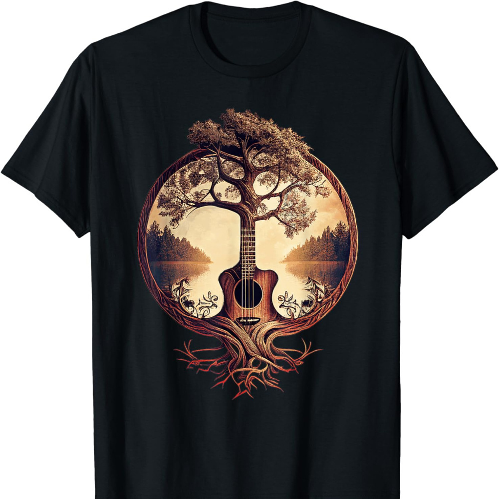 

Acoustic Guitar Tree By The Lake Guitarist T-shirt