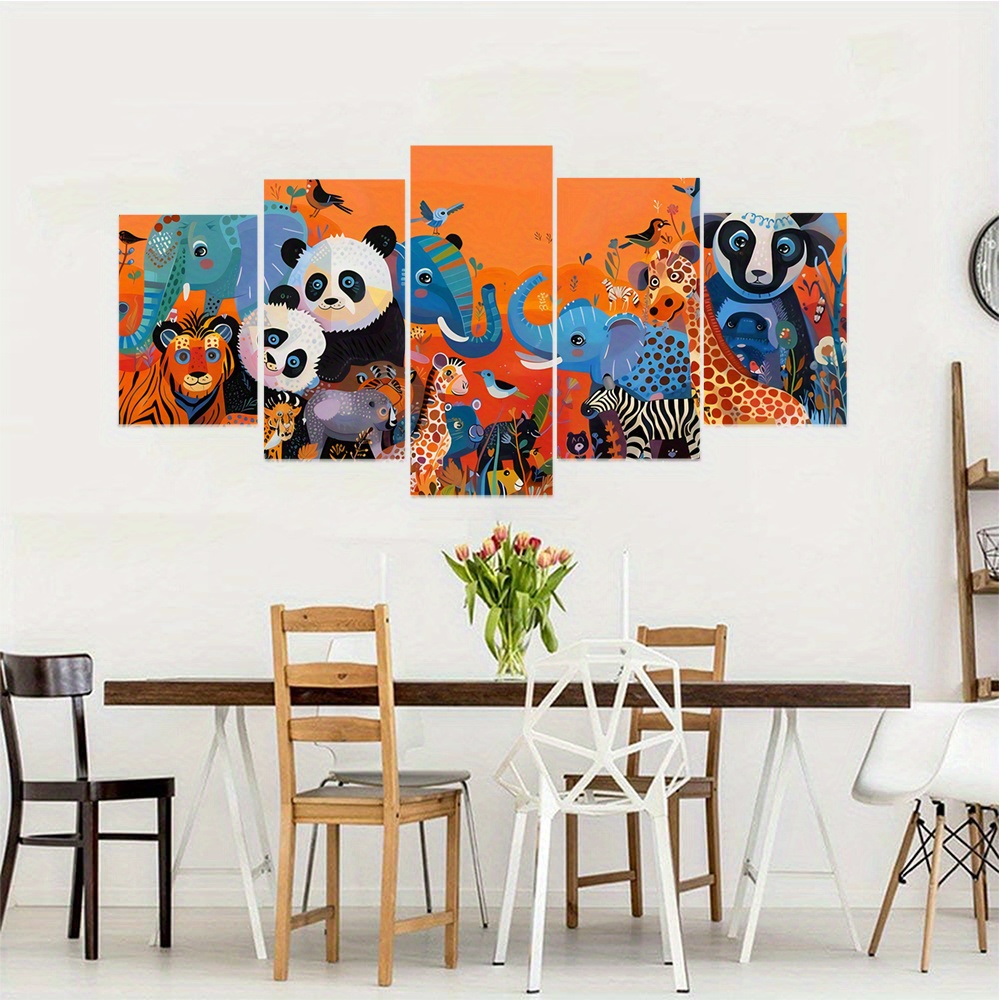 5 Piece Framed Animal Wall Art Set Elephant Tiger Panda Giraffe Canvas