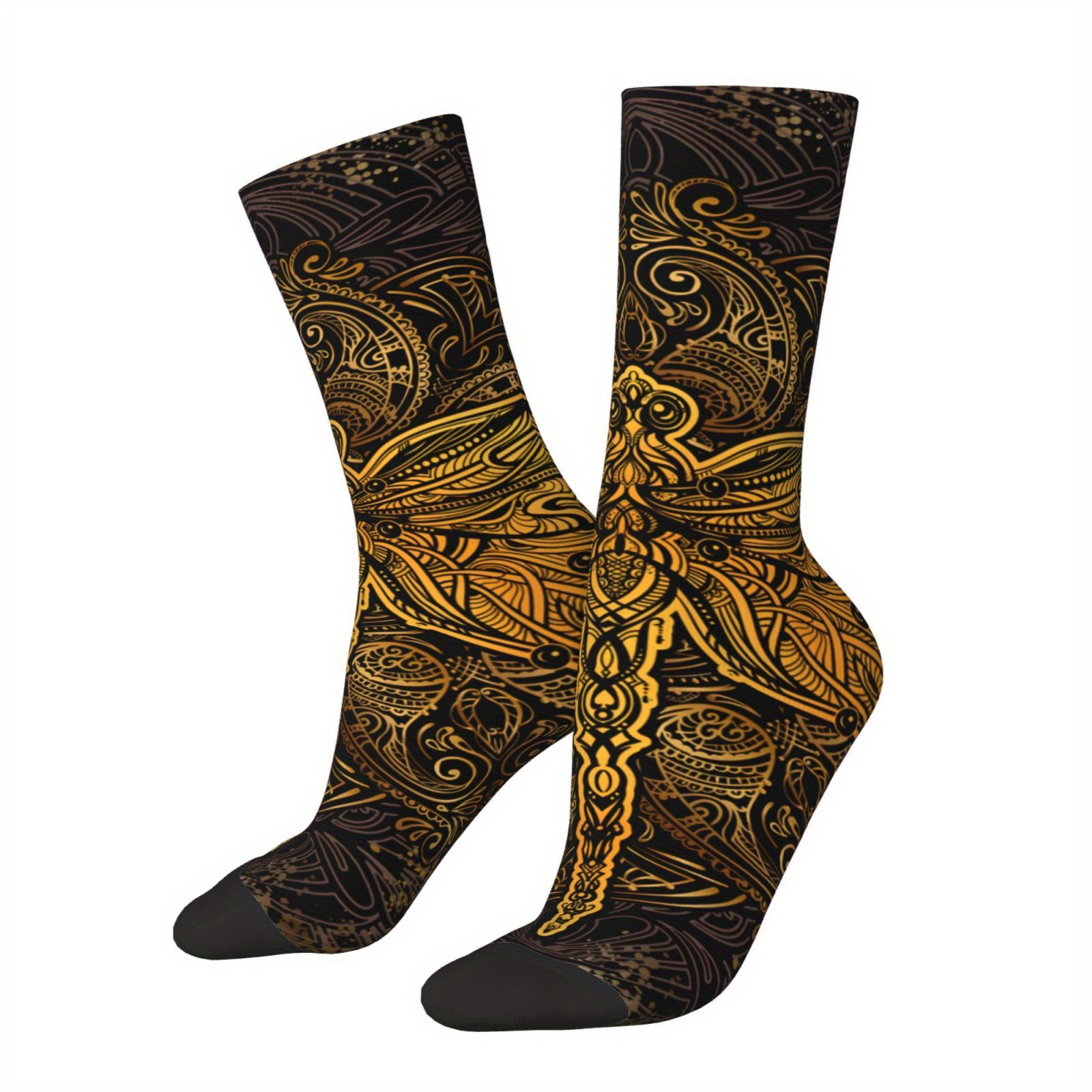 

1 Pair Of Unisex Harajuku Vintage Style Novelty Golden Totem Pattern Crew Socks, Trendy 3d Digital Printed Men Women Socks, Crazy Funny Socks For Gifts