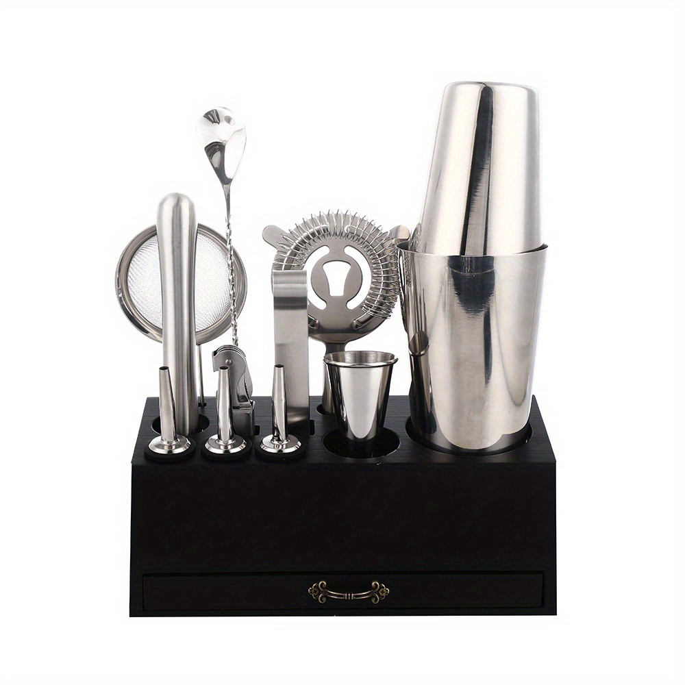 18 piece premium stainless steel cocktail shaker set bartender kit with jigger pourer corkscrew muddler brush teardrop bar spoon garnish tray straws essential barware tools for home bar party drink mixing details 0