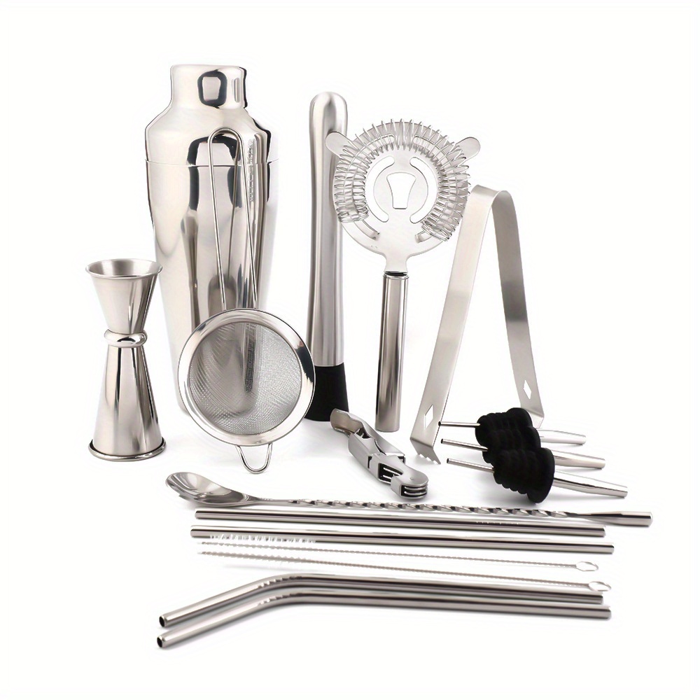 18 piece premium stainless steel cocktail shaker set bartender kit with jigger pourer corkscrew muddler brush teardrop bar spoon garnish tray straws essential barware tools for home bar party drink mixing details 1