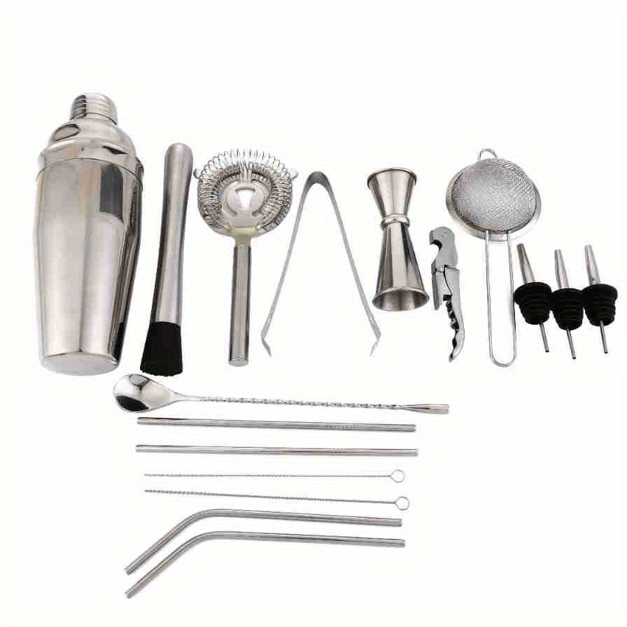 18 piece premium stainless steel cocktail shaker set bartender kit with jigger pourer corkscrew muddler brush teardrop bar spoon garnish tray straws essential barware tools for home bar party drink mixing details 2