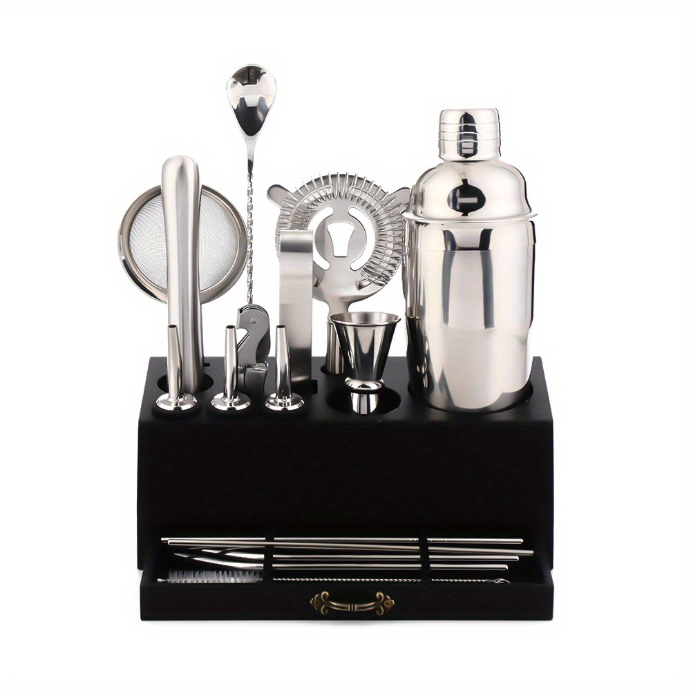 18 piece premium stainless steel cocktail shaker set bartender kit with jigger pourer corkscrew muddler brush teardrop bar spoon garnish tray straws essential barware tools for home bar party drink mixing details 3