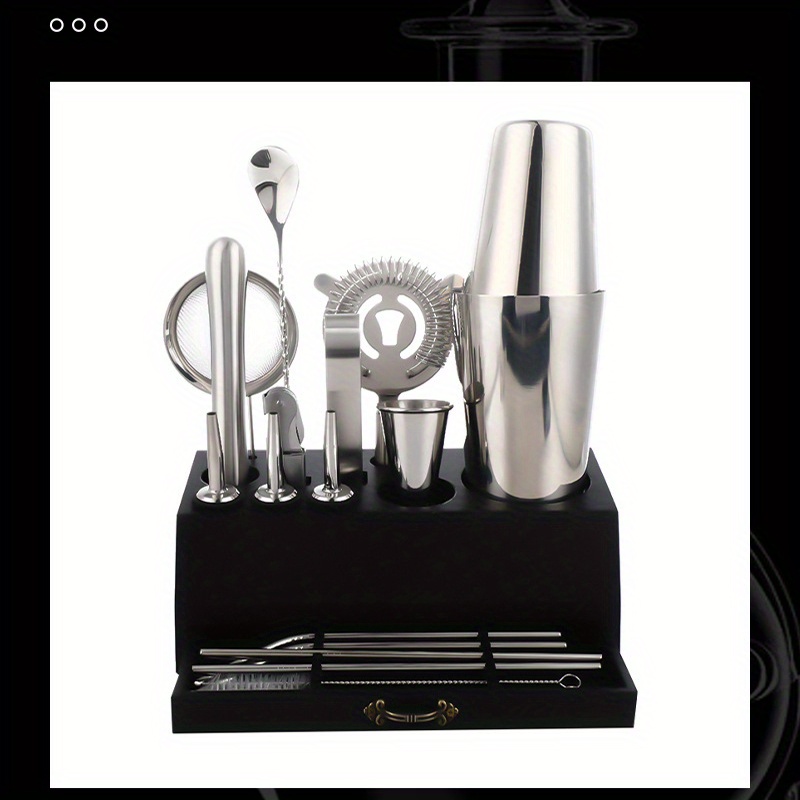 18 piece premium stainless steel cocktail shaker set bartender kit with jigger pourer corkscrew muddler brush teardrop bar spoon garnish tray straws essential barware tools for home bar party drink mixing details 8