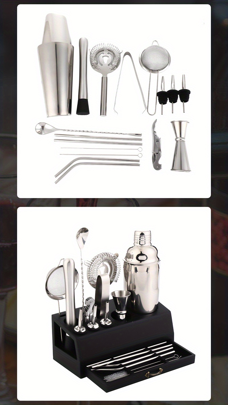 18 piece premium stainless steel cocktail shaker set bartender kit with jigger pourer corkscrew muddler brush teardrop bar spoon garnish tray straws essential barware tools for home bar party drink mixing details 11