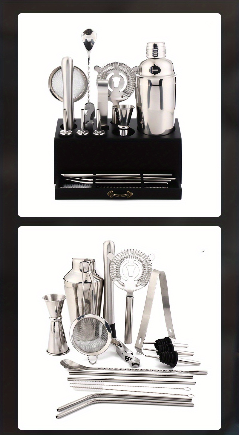 18 piece premium stainless steel cocktail shaker set bartender kit with jigger pourer corkscrew muddler brush teardrop bar spoon garnish tray straws essential barware tools for home bar party drink mixing details 12