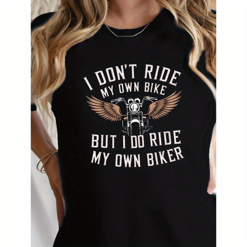 

Motorcycle Biker & Wings Print T-shirt, Casual Comfort Fit Short Sleeve Crew Neck T-shirt For Spring & Summer, Women's Clothing