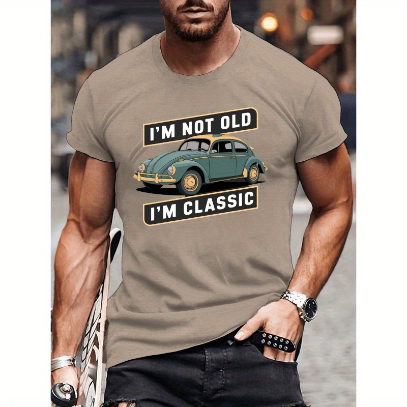 

Plus Size Men's Summer T-shirt, Car Classic Graphic Print Short Sleeve Tees, Trendy Casual Tops For Daily Life, Big & Tall