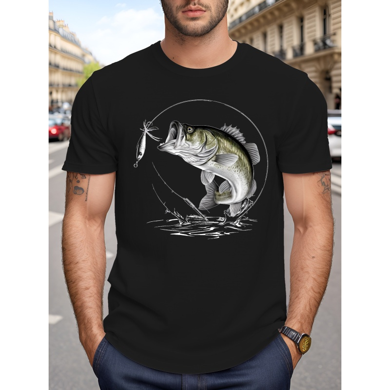 

Plus Size Men's Summer T-shirt, Bass Fish Catching Lure Graphic Print Short Sleeve Tees, Trendy Casual Tops For Daily Life, Big & Tall