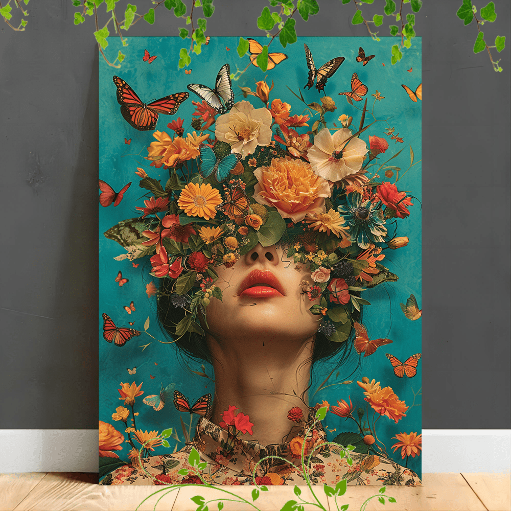 

1pc Wooden Canvas Painting A Of A Woman Face Replaced By A Vibrant Bouquet Of Flowers, Surrounded By Birds And Butterflies Against Background