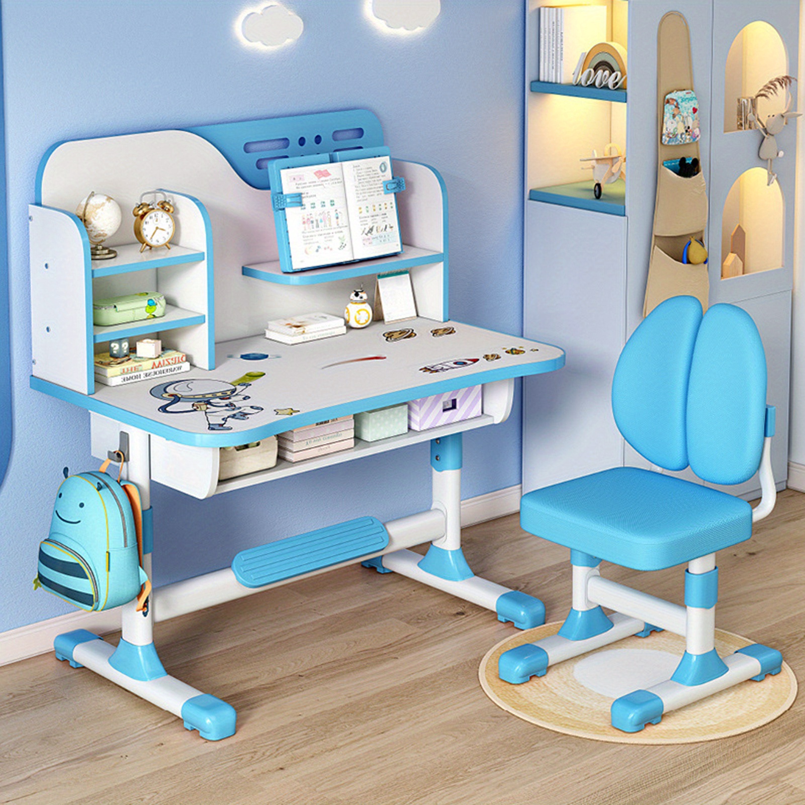 

A Set Of 43.73x31.52x21.28 Inches High Quality Children's Study Table And Chair Set, Height Adjustable Children's School Study Table And Chair Set With Astronaut Motif, Ergonomic Desks And Chairs