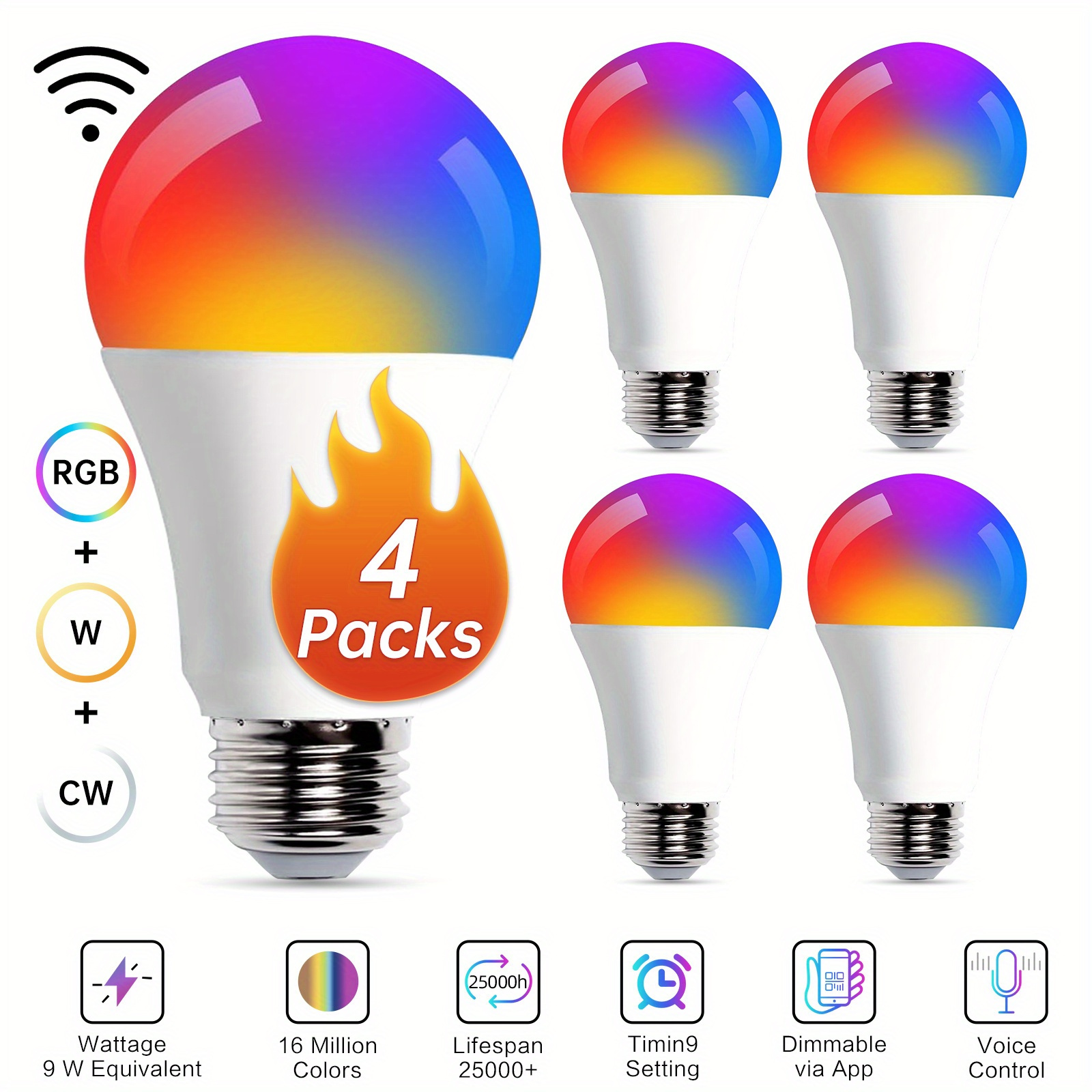 TEMU Smart Led Rgb+cw Color Changing Bulb, Control, 16 Million Colors - Switchable , 2500k-6500k 800lm 9w, Assistant Control, 2.4ghz, A19 E26