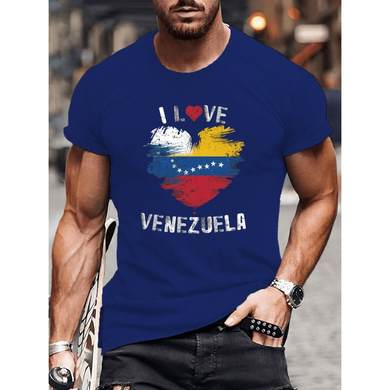 

Heart With Venezuelan Flag Graphic Print Men's Short Sleeve Tees, Trendy T-shirt, Casual Comfortable Lightweight Top For Summer