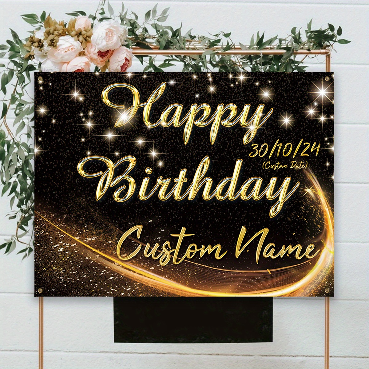 

Custom Name Golden Meteor Luxury Polyester Backdrop - Large Happy Birthday Banner For Photos, Perfect For Weddings, Anniversaries, Graduations & Parties - Easy Hang Decoration