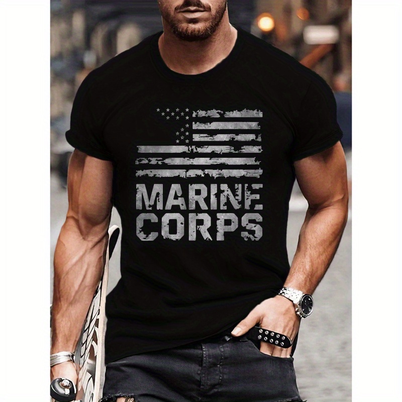 

Marine Corps Letters With Vintage American Flag Print Men's Summer Comfy Crew Neck T-shirt - Casual Style With Classic Short Sleeves - Perfect For Daily Wear & Workout