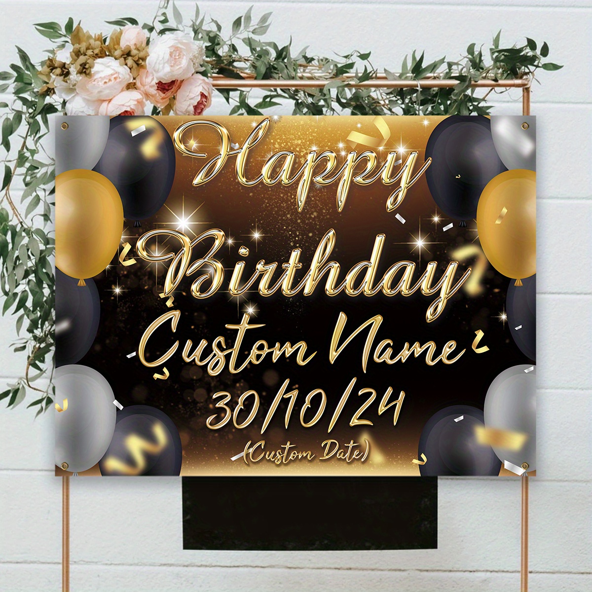 

Custom Happy Birthday Banner - Large Polyester Backdrop With Name & Date, Golden Finish, Perfect For Photo Booths & Party Decorations