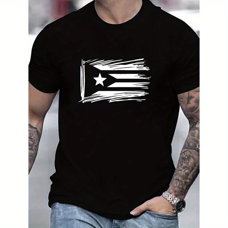 

Simple Sketch Of Puerto Rico Flag Print Men's Summer Comfy Crew Neck T-shirt - Casual Style With Classic Short Sleeves - Suitable For Outdoor Activities