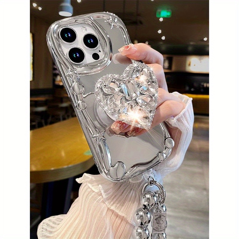 One Set Rhinestones Sparkling Heart-shaped Bracket for iPhone Electroplated Silver New Bracelet Phone Rope Phone Case Set - Image 4