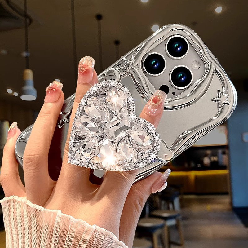 One Set Rhinestones Sparkling Heart-shaped Bracket for iPhone Electroplated Silver New Bracelet Phone Rope Phone Case Set