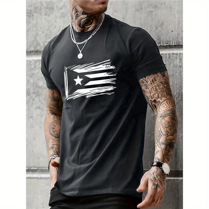 

Plus Size Men's Summer T-shirt With Puerto Flag Graphic - Casual Black Short Sleeve Tee For Big & Tall, Breathable Polyester, Machine Washable, Plus Size