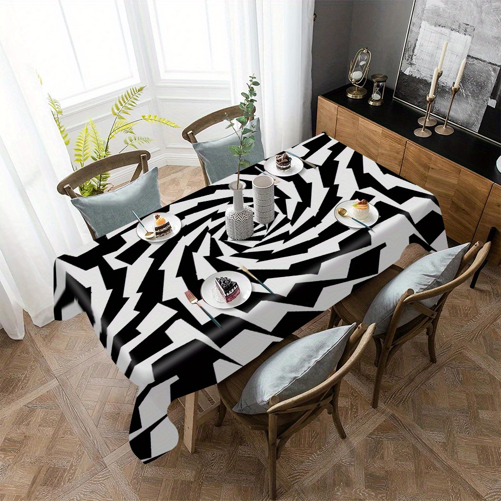 

Elegant Black & White Geometric Tablecloth - Waterproof, Oil-resistant Polyester For Dining, Office Desk, And Home Decor