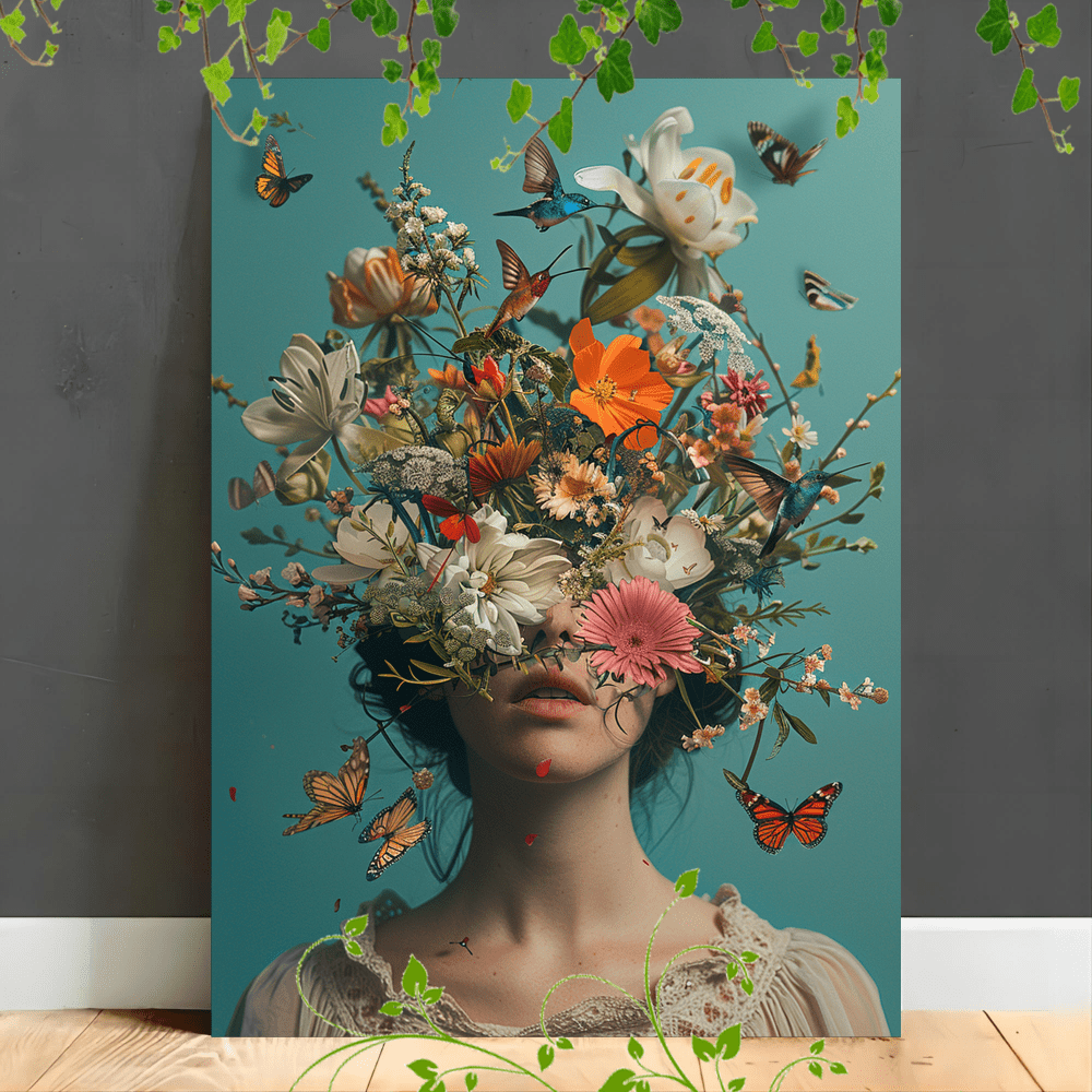 

1pc Wooden Framed Canvas Paintinga Portrait Of A Woman Face Replaced By A Vibrant Bouquet Of Flowers, Surrounded By Birds And Butterflies Against Background