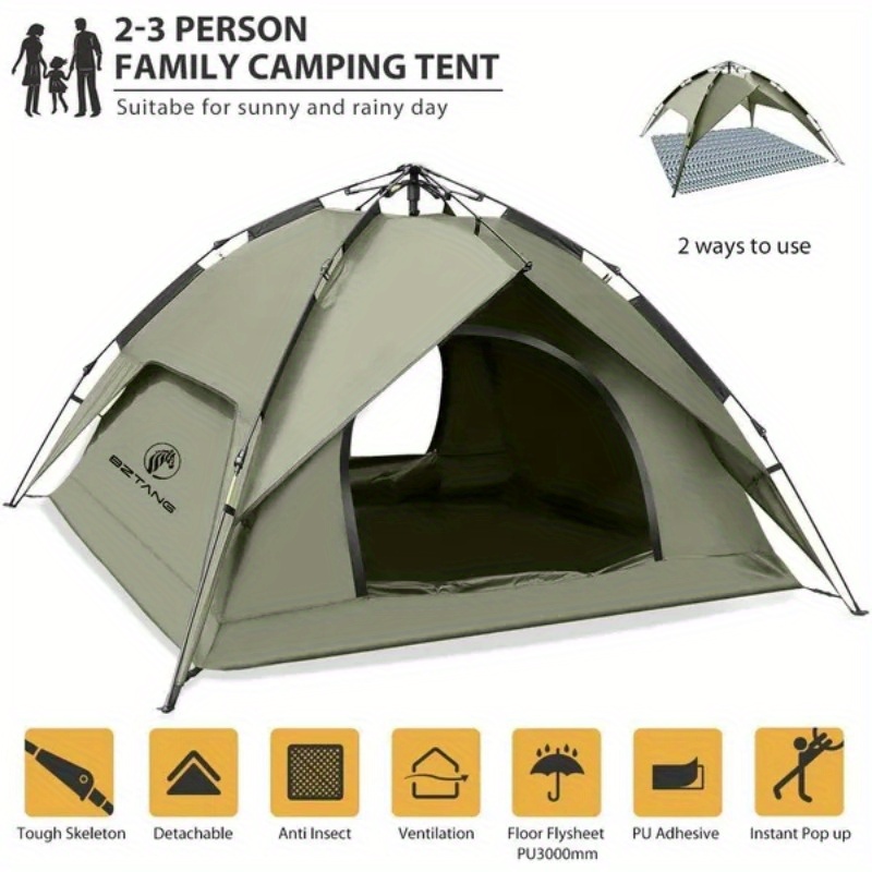Image of Bztang Instant Pop Up Camping Tents For 2-3 Person Family, Dome Windproof Sun Shelters Backpacking Tents Up For Camping Hiking Outdoor Activities