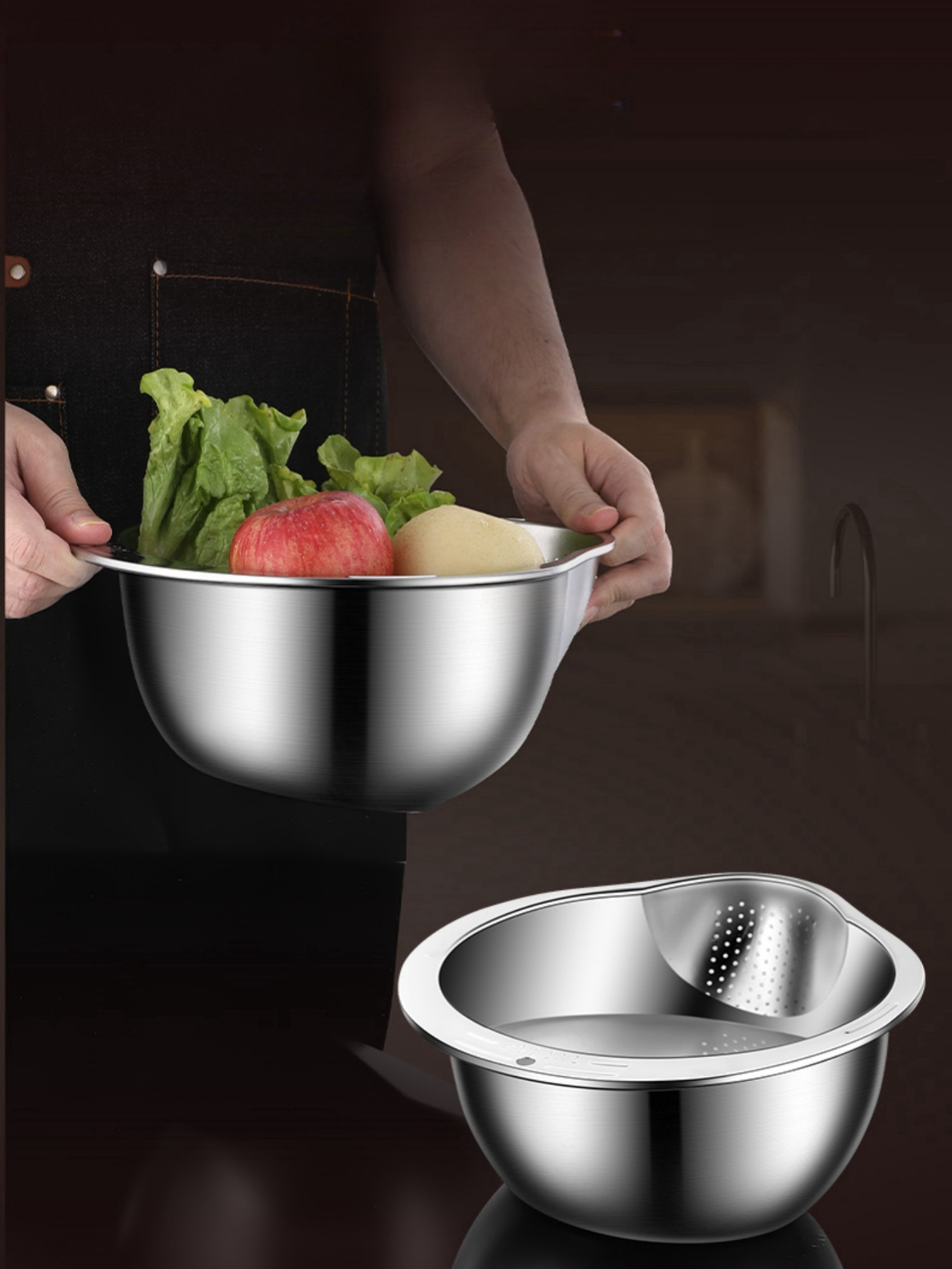 stainless steel multi use kitchen colander ideal for rice washing fruit draining vegetable cleaning     mesh sieve with handle for   water filtering rice strainer details 1